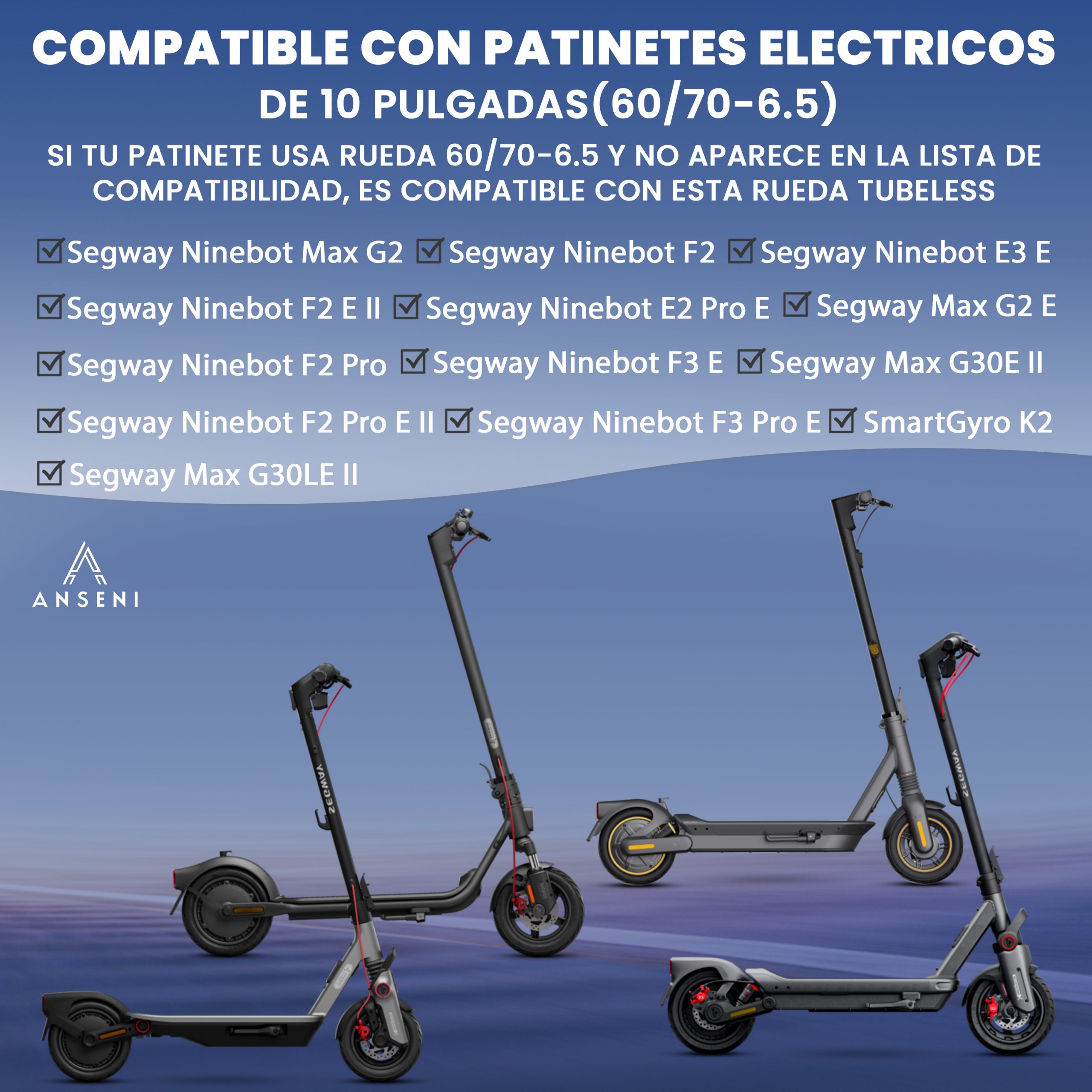 ANSENI Cubiertas 60/70-6.5 Pneumatico Tubeless 10" Ninebot G30 1pz